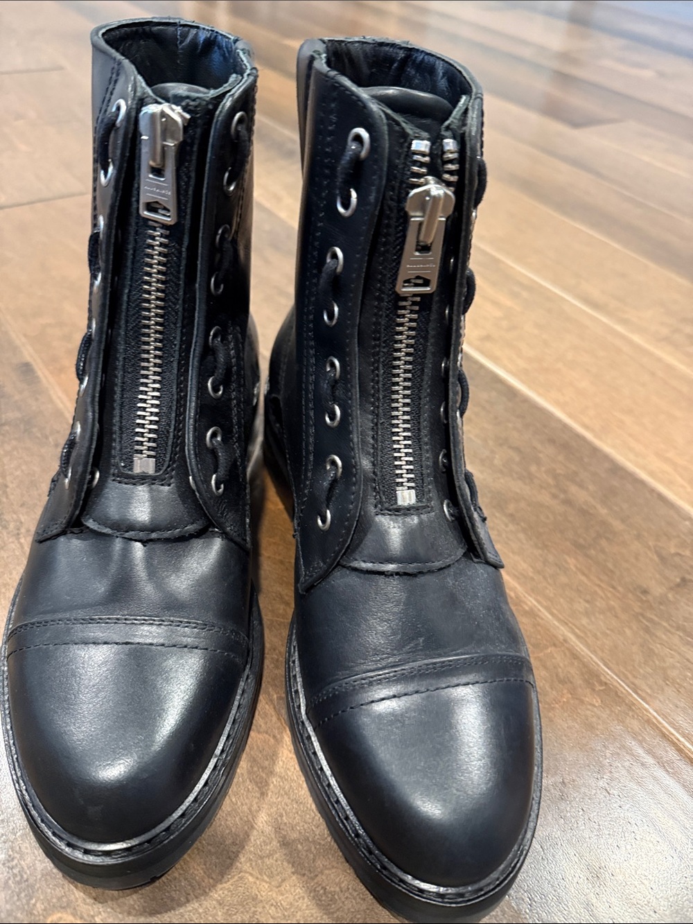 All Saints Black Leather Front-Zip Combat Boots - Picture 2 of 5